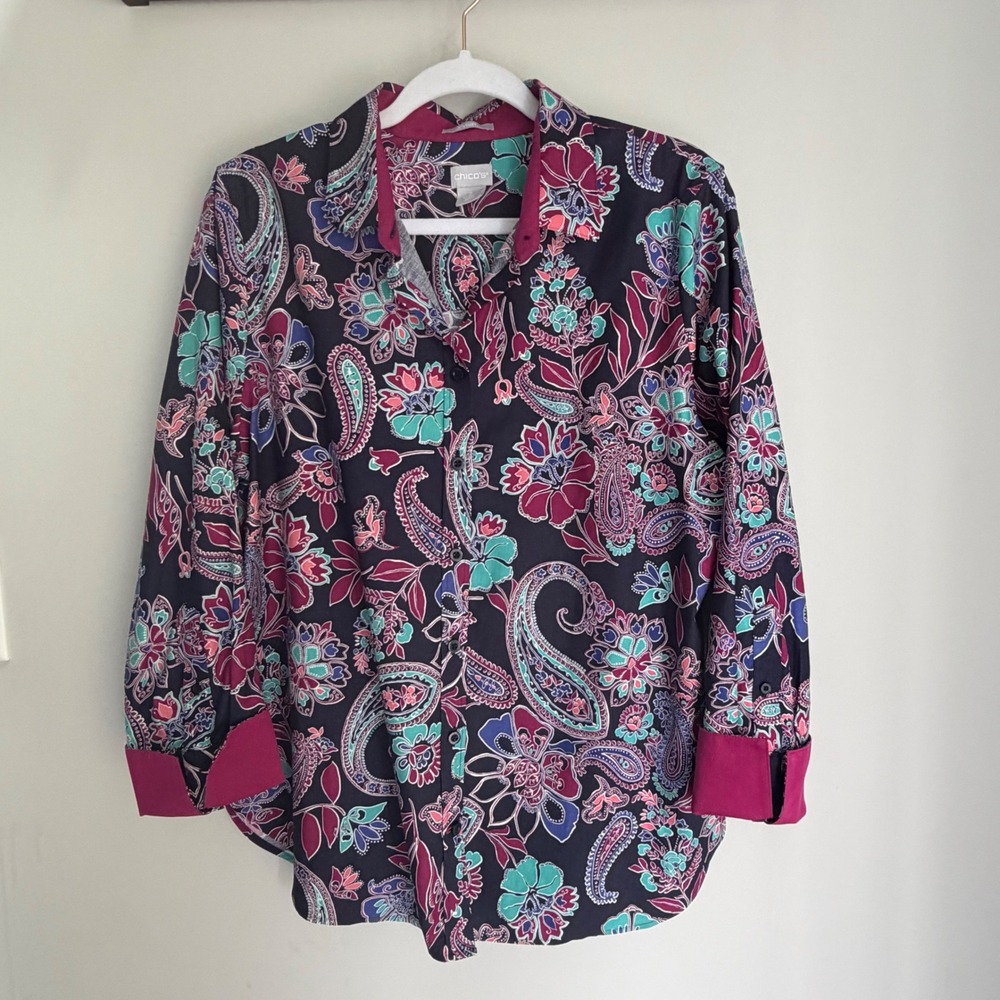 Chico's No Iron Chic Stretch Button Up Shirt Floral Paisley Cuff Cotton 2 Large